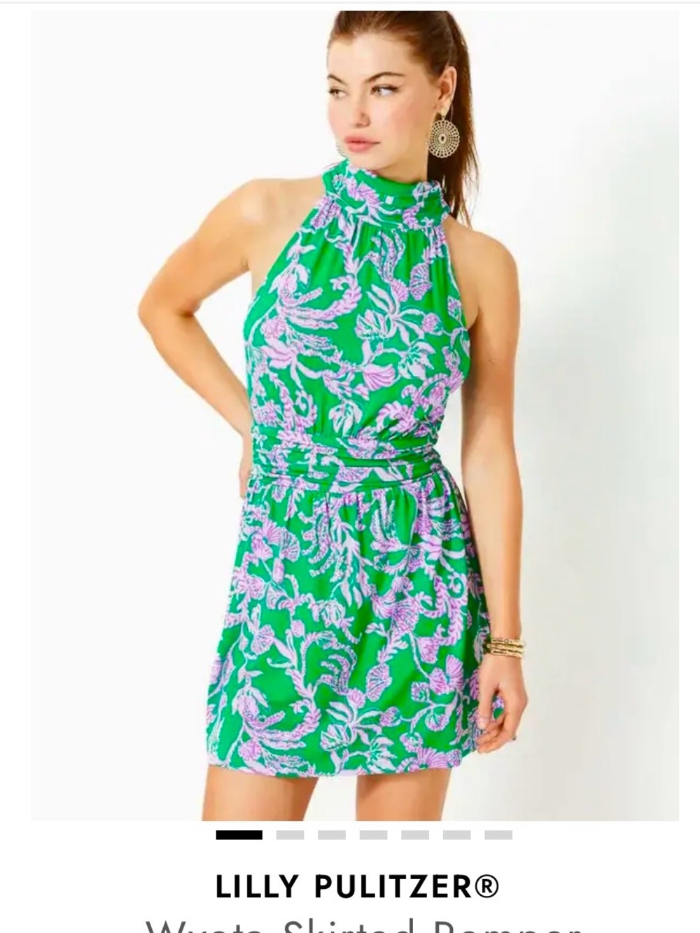 Lilly Pulitzer Wyota Skirtef Romper Green with Purple Floral Print